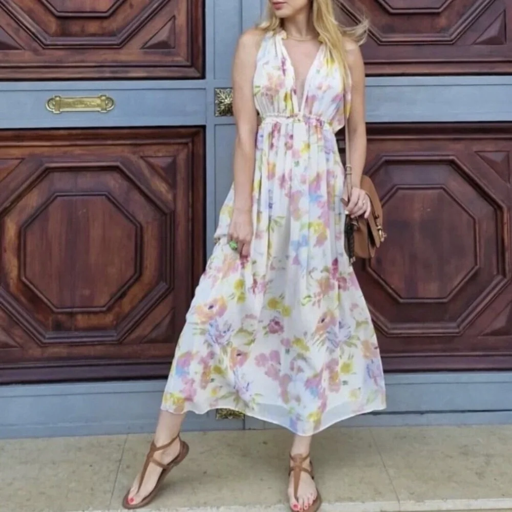 Zara Creampink long floral dress. Small 3204/168 EUC OUNK BEIGE - Picture 3 of 13